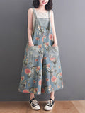 Momentlover Split-Joint Floral Printed Buttoned Wide Leg Oversize Overalls Ninth Pants