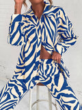 Momentlover Zebra-Stripe Plus Size Long Sleeves Buttoned Lapel Blouses Top + Elasticity Pants Bottom Two Pieces Set