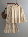 Momentlover Casual Long Sleeves Loose Solid Color Round-Neck Sweater Tops & Wide Leg Pants Two Pieces Set
