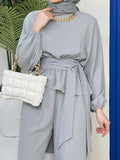 Momentlover Solid Color Long Sleeves Round-Neck Pleated Tied Waist Elasticity Blouses Top + High Waisted Wide Leg Pants Bottom Two Pieces Set