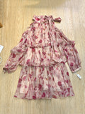 Momentlover Tiered Lace-Up Floral Printed Puff Sleeves Loose Cold Shoulder Mini Dresses