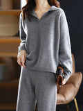 Momentlover Solid Color Polo Long Sleeves Loose Sweater Top + Pants Bottom Two Pieces Set