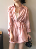 Momentlover Loose Solid Color Long Sleeves Blouse + Pleated Shorts Two Pieces Set