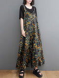 Momentlover Loose Artistic Retro Ramie Cotton Floral Printed V-Neck Overalls