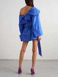 Momentlover Zipper Solid Color Hollow Belted Wrap Long Sleeves One-Shoulder Mini Dresses