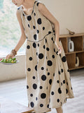 Momentlover Tied Waist Split-Joint Polka-Dot Pleated Contrast Color Sleeveless Loose Round-Neck Midi Dresses