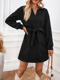 Momentlover Tied Waist Solid Color Jacquard Long Sleeves V-neck Mini Dresses