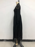 Momentlover Solid Color See-Through Gauze Buttoned Long Sleeves High Waisted V-Neck Maxi Dresses