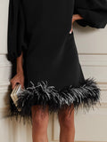 Momentlover Loose Puff Sleeves Feathers Split-Joint Round-neck Mini Dresses Short Dresses