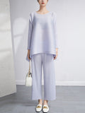 Momentlover Loose Pleated Solid Color High-Low Round-Neck T-Shirts  + Pants Two Pieces Set