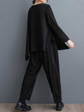 Momentlover Solid Color Long Sleeves Asymmetric Split-Joint V-Neck T-Shirts Top + Harem Pants Elasticity Pants Bottom Two Pieces Set