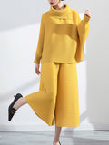 Momentlover Simple Loose Long Sleeves Pleated Solid Color High-Neck T-Shirt Top&Wide Legs Pants Two Pieces Set
