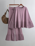 Momentlover Casual Long Sleeves Loose Solid Color Round-Neck Sweater Tops & Wide Leg Pants Two Pieces Set