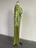 Momentlover Long Sleeves Heaps Collar Printed Shirts Top + High Waisted Pants Bottom Two Pieces Set