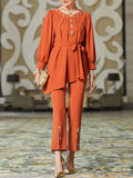 Momentlover Rhine Stones Asymmetric Tied Waist Pleated Shirt Top+Split-Front Pants Bottom Two Pieces Set