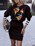 Momentlover Plus Size Lantern Sleeve Geometric Print Dress AR56175