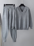 Momentlover Casual Loose Harem Pants Solid Color V-Neck Sweater Tops Pants Two Pieces Set