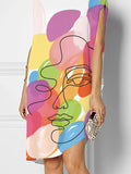 Momentlover Loose Short Sleeves Asymmetric Figure Printed Round-Neck Mini Dresses