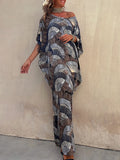Momentlover Printed Pleated Contrast Color Batwing Sleeves Maxi Dresses