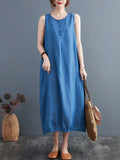 Momentlover Simple Denim Blue Round-Neck Buttoned Sleeveless Midi Dress