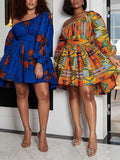 Momentlover Tied Waist Printed Elasticity Three-Quarter Sleeves Puff Sleeves One-Shoulder Mini Dresses