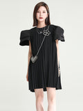 Momentlover Urban Puff Sleeves Split-Joint Black Pleated Mini Dress