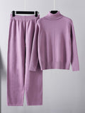 Momentlover Urban Long Sleeves Loose Solid Half Turtleneck Sweater Tops & Wide Leg Pants Two Pieces Set