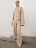 Momentlover Casual Solid Color Irregularity High-Neck Sweater& Wide Leg Pants Suits