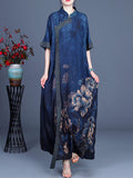 Momentlover Original Floral Print Split-Joint Stand Collar Maxi Dress