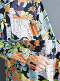 Momentlover Long Sleeves Loose Floral Printed Round-Neck Midi Dresses