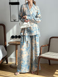 Momentlover Notched Collar Long Sleeves Buttoned Printed Tied Waist Shirts Top + High Waisted Pants Bottom Two Pieces Set