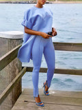 Momentlover Solid Color High-Low Letter Print Round-Neck Top + Split-Side Skinny Legging Two Pieces Set