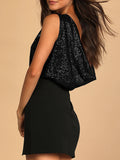 Momentlover Split-Joint Sequined See-Through High-Waisted Sleeveless Skinny V-Neck Bodysuits