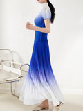 Momentlover Gradient Pleated Short Sleeves High-Neck T-shirt + Skirt Bottom Two Pieces Set