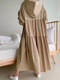 Momentlover Urban Solid Color Pleated Long Sleeves Hooded Midi Dress