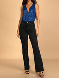 Momentlover Split-Joint Sequined See-Through High-Waisted Sleeveless Skinny V-Neck Bodysuits