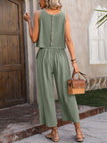 Momentlover Loose Sleeveless Pockets Solid Color Round-Neck Vest Top&Pants Two Pieces Pants Set