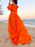 Momentlover Loose Puff Sleeves Pleated Solid Color Off-The-Shoulder Maxi Dresses