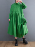 Momentlover Urban Floral Applique Pleated Long Sleeves Shirt Dress Midi Dress