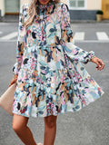 Momentlover Tied Split-Joint Printed Puff Sleeves Loose Mock Neck Mini Dresses