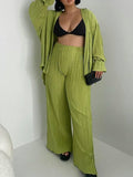 Momentlover Drawstring Pleated Flared Sleeves Long Sleeves Buttoned Solid Color Split-Side Lapel Shirts Top + Pants Bottom Pajama Sets
