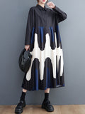 Momentlover Split-Joint Printing Pleated Contrast Color Loose Long Sleeves Polo Midi Dresses