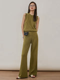 Momentlover Urban Loose Solid Round-Neck Vest Top& V-Neck Sweater Tops& Wide Leg Pants Three-Piece Set