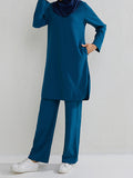 Momentlover Solid Color Long Sleeves Pockets Split-Side Round-Neck Shirts Top + Pants Bottom Two Pieces Set