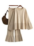 Momentlover Casual Long Sleeves Loose Solid Color Round-Neck Sweater Tops & Wide Leg Pants Two Pieces Set