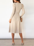 Momentlover Tied Waist Solid Color Long Sleeves High Waisted Round-Neck Sweater Dresses Midi Dresses