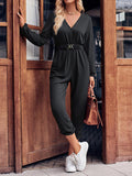 Momentlover Elasticity Belted Long Sleeves V-neck Jumpsuits