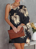 Momentlover Batwing Sleeves Hollow Printed One-Shoulder Mini Dresses