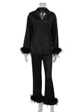Momentlover Split-Joint Long Sleeves Buttoned Feathers Notched Collar Shirts Top + Pants Bottom Pajama Sets