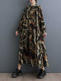 Momentlover Split-Joint Printed Pleated Loose Long Sleeves Round-Neck Midi Dresses